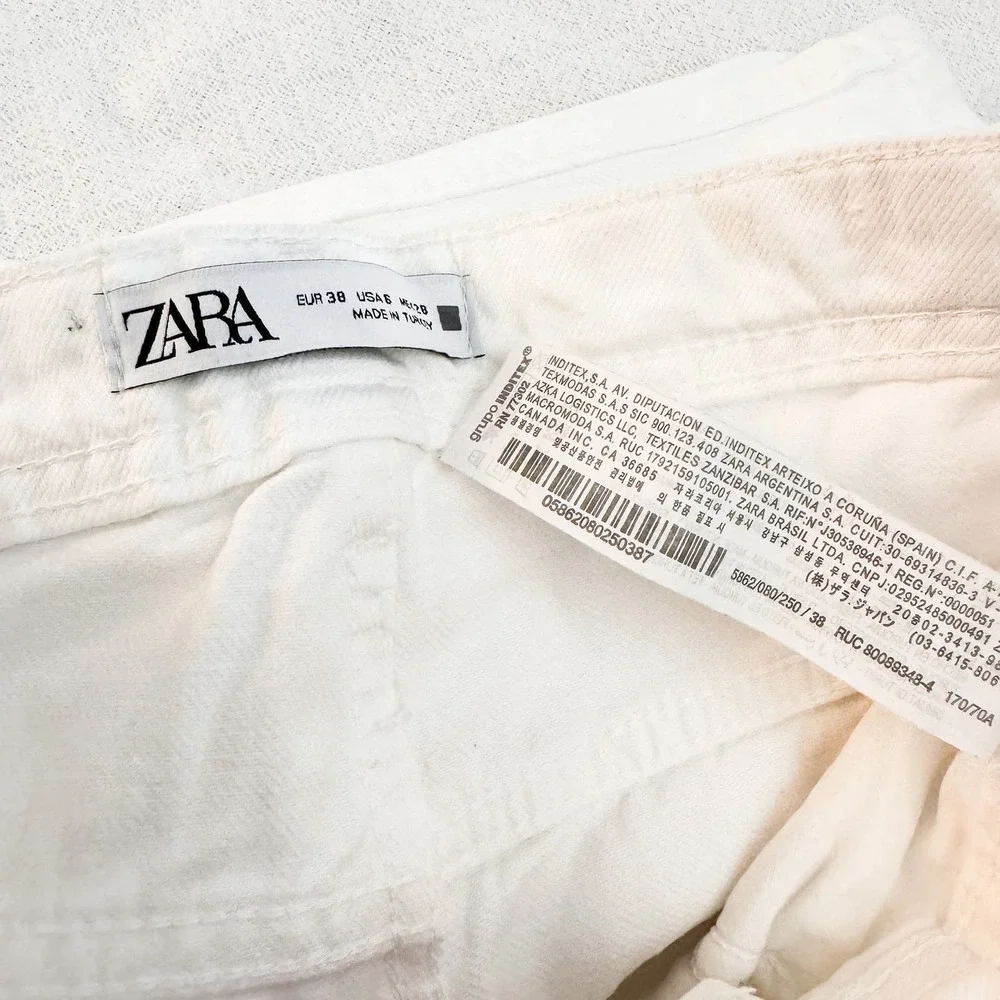 Zara Flare White Denim Jeans Button Fly Ripped Throuhout Size 06